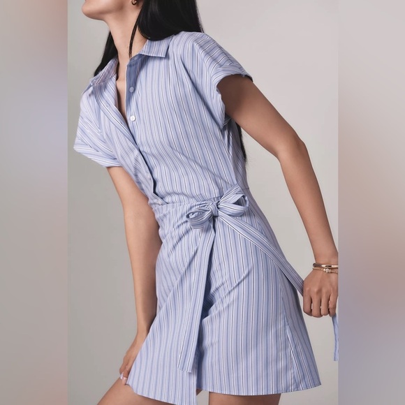 NWT! Anthropologie Blue Pattern Mave Button-Front Wrap Mini Shirt Dress🟡 - Picture 4 of 5